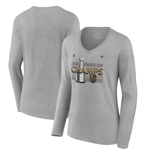 Women's Gray Vegas Golden Knights Heather 2023 Stanley Cup Champions Locker Room Long Sleeve V-Neck T-Shirt